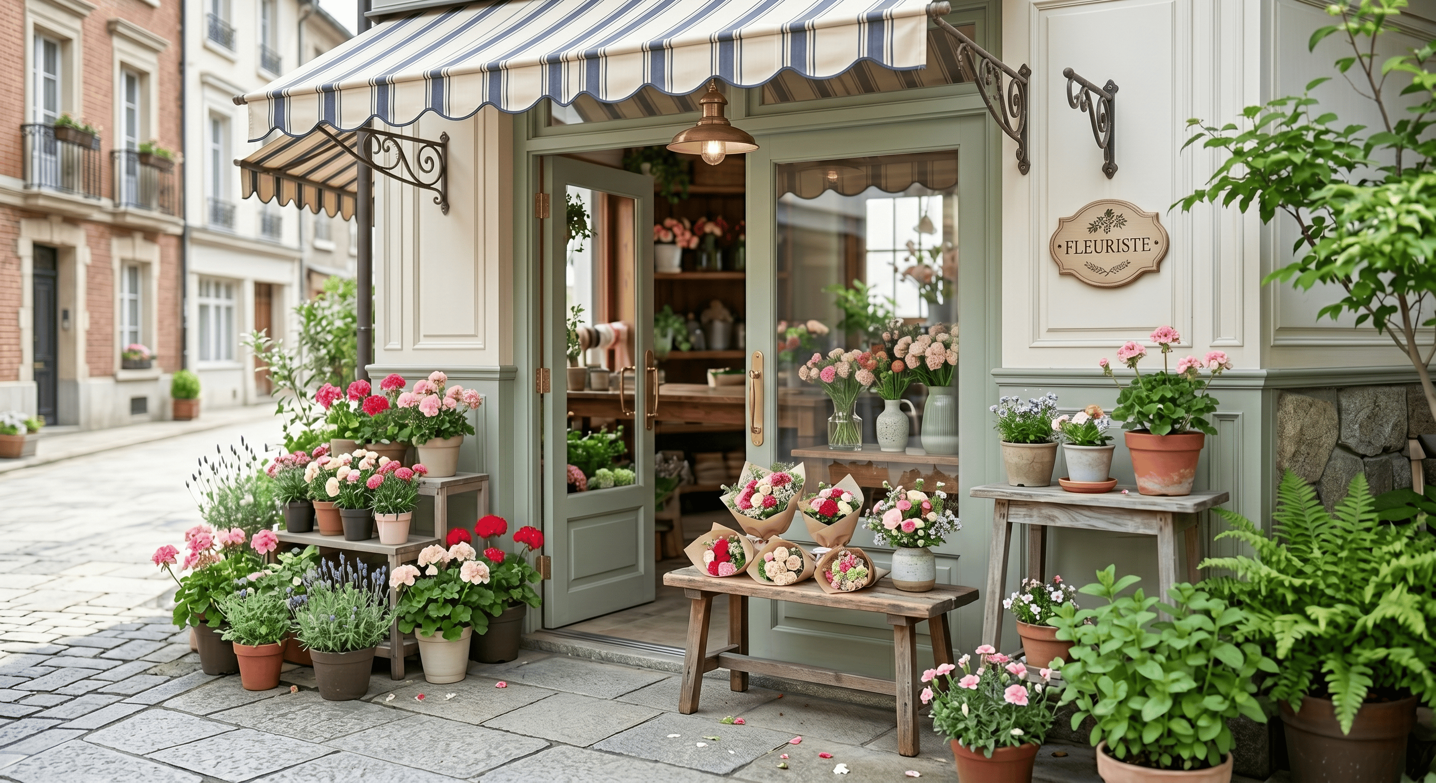 母の日向けの花が並ぶ花屋の外観