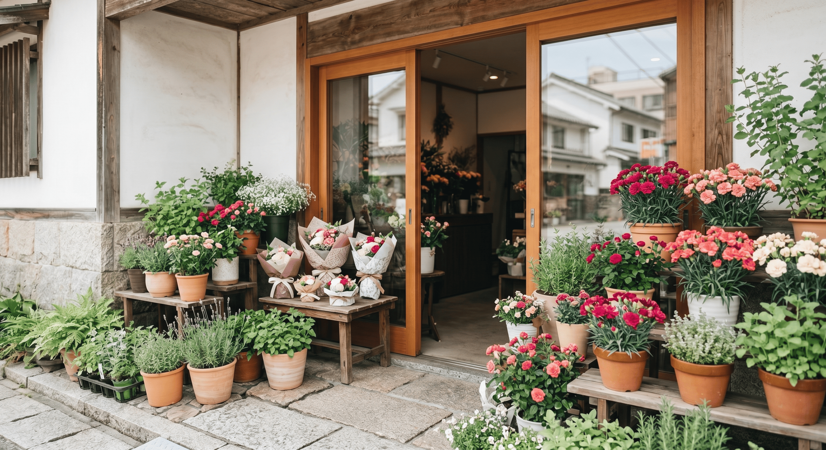 母の日向けの花が並ぶ街の花屋の外観