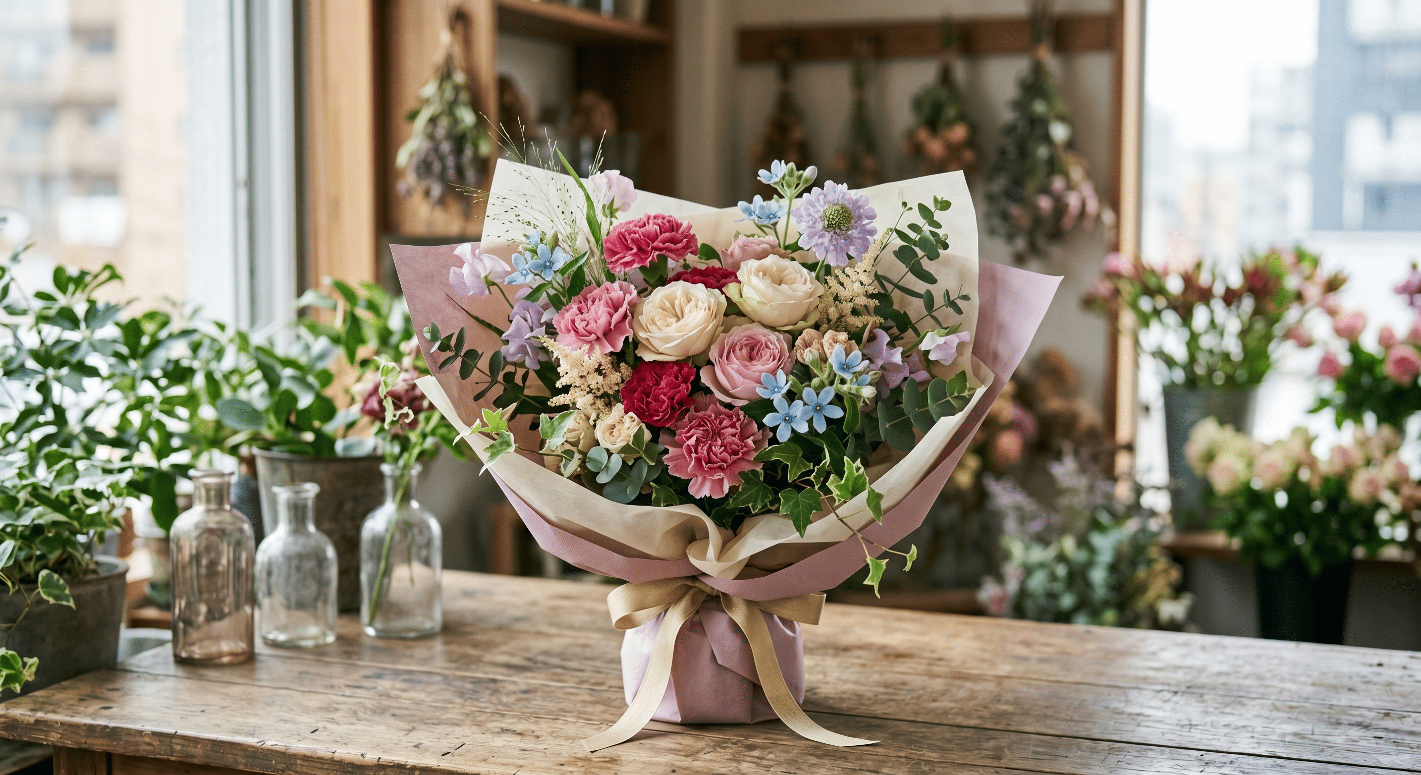 花屋の店内で飾られた母の日向けのブーケ