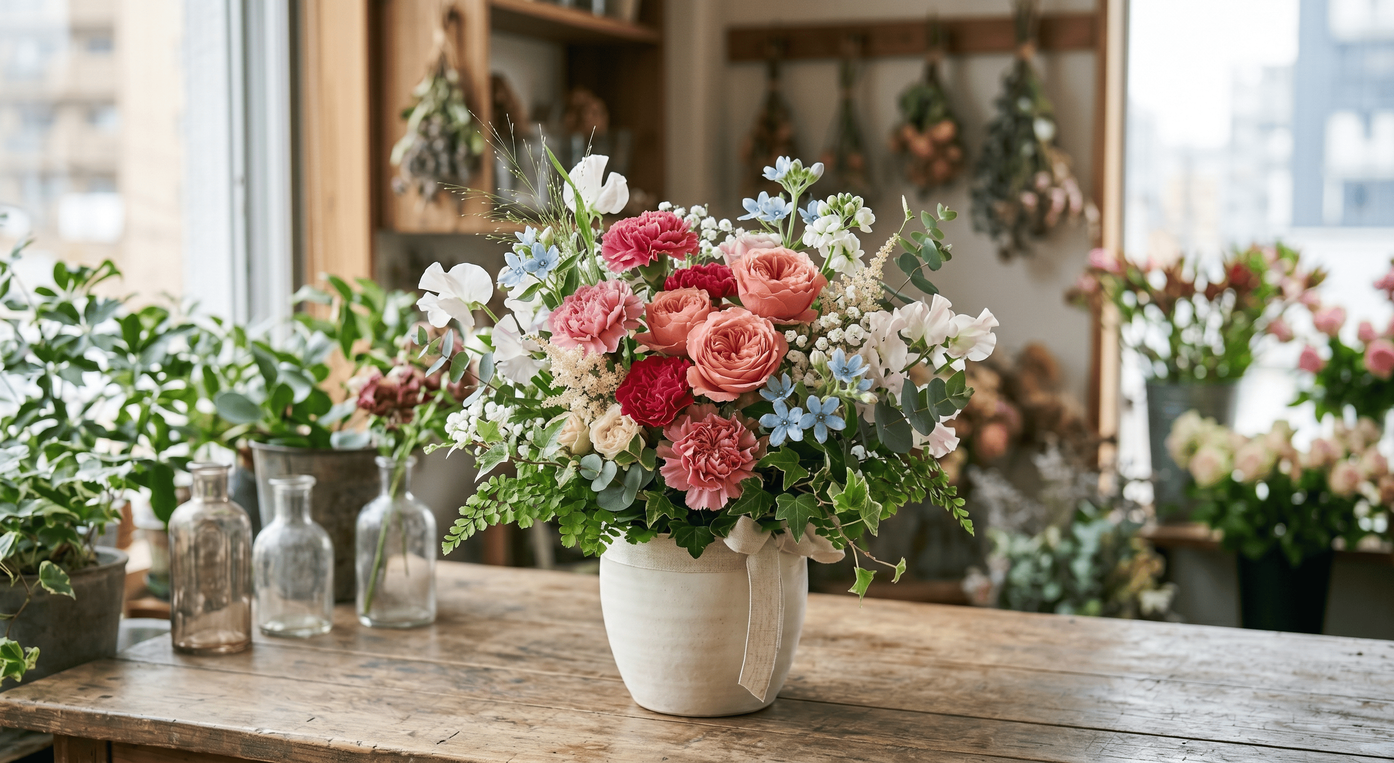 花屋の店内テーブルに置かれた母の日向けのフラワーアレンジ