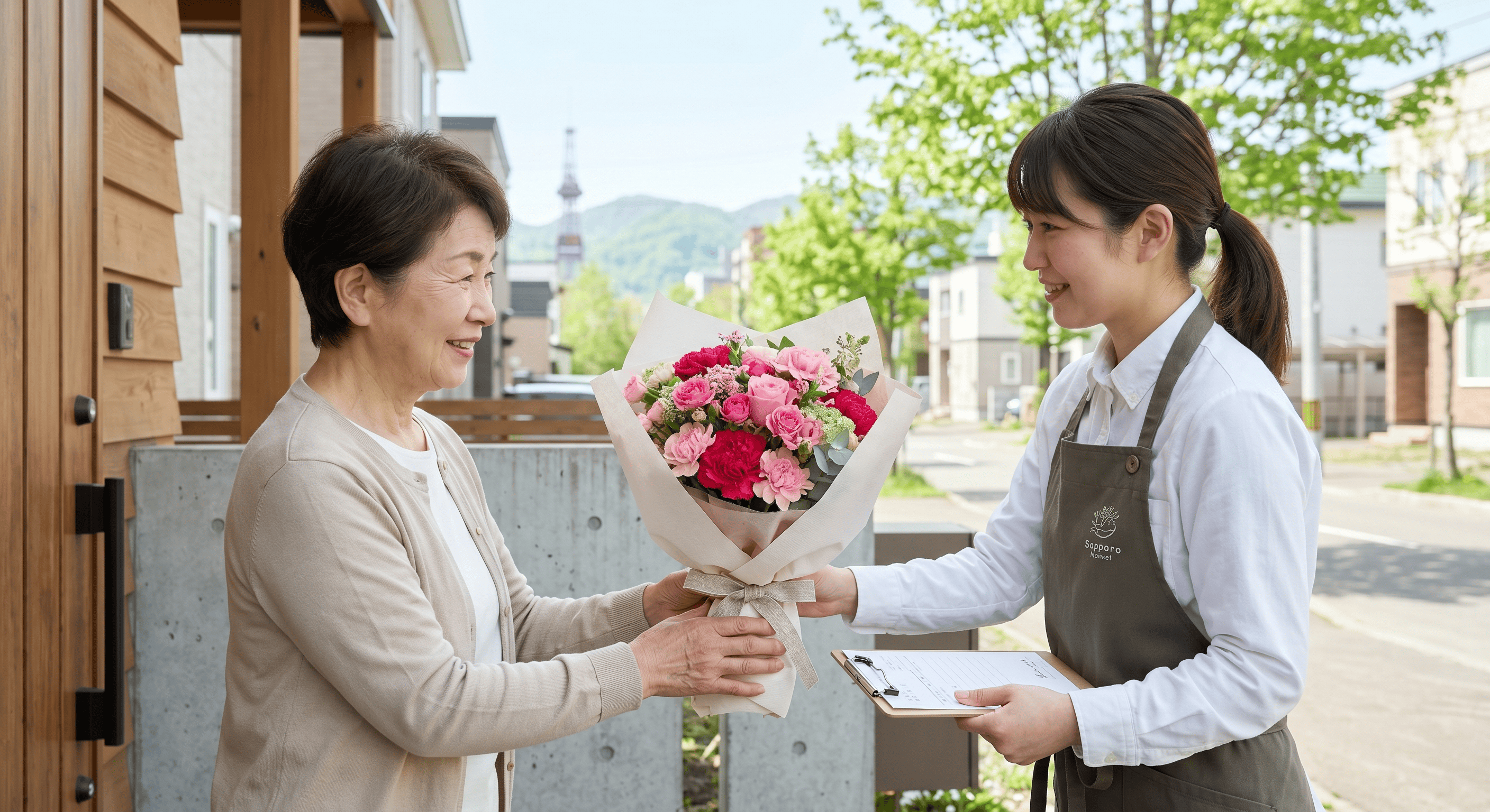 母の日の花束を屋外で手渡ししている様子