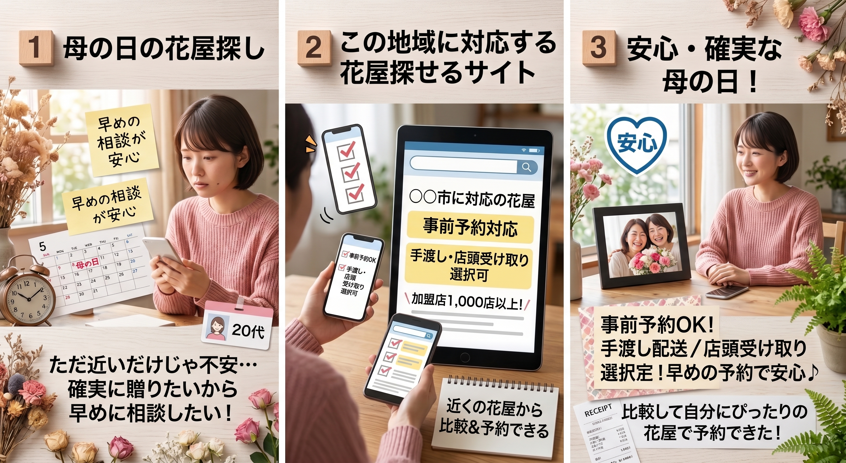 母の日の花屋探しから予約までの流れを3段階で示した図