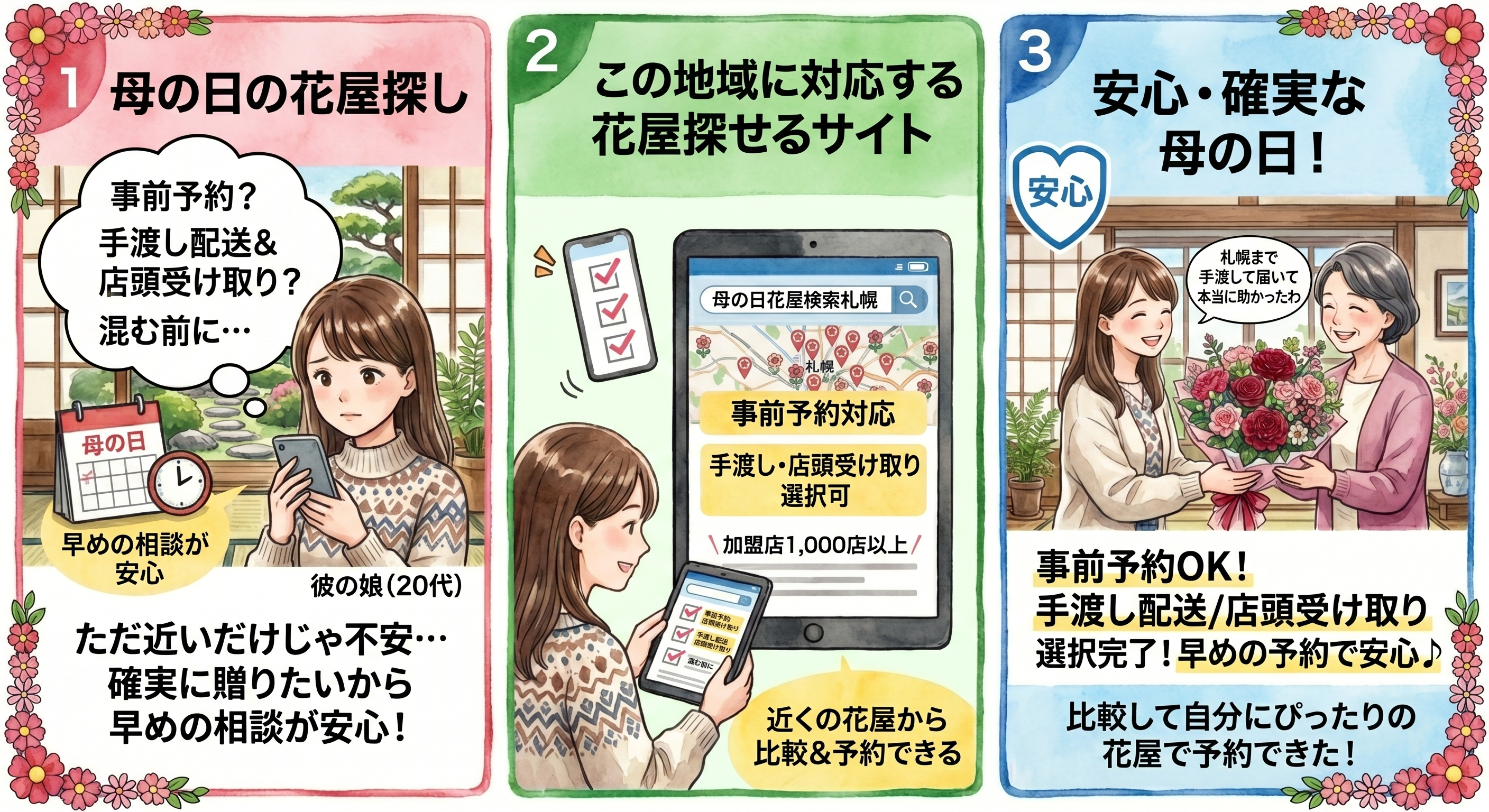 母の日の花屋検索と事前予約の流れを3段階で示した図