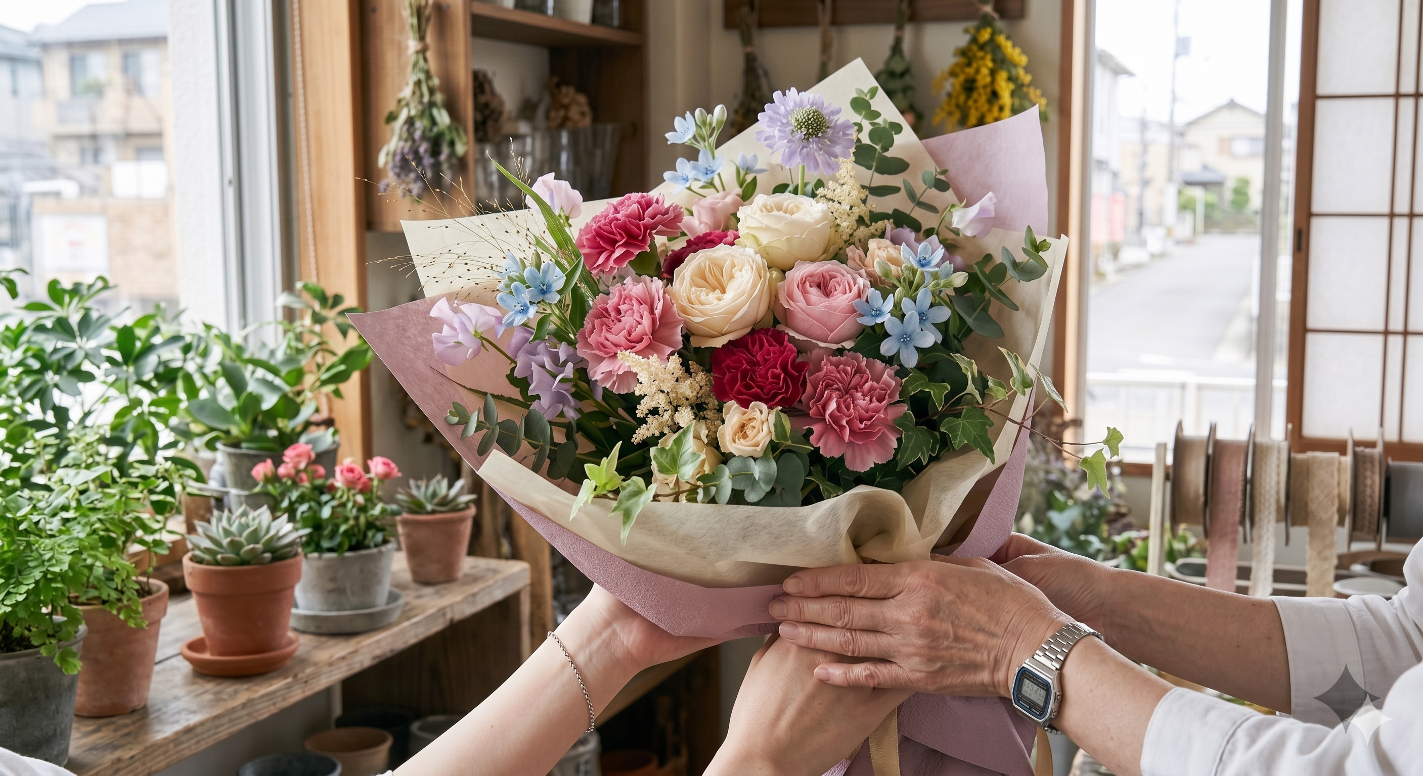 花屋で母の日向けのブーケを手渡ししている様子