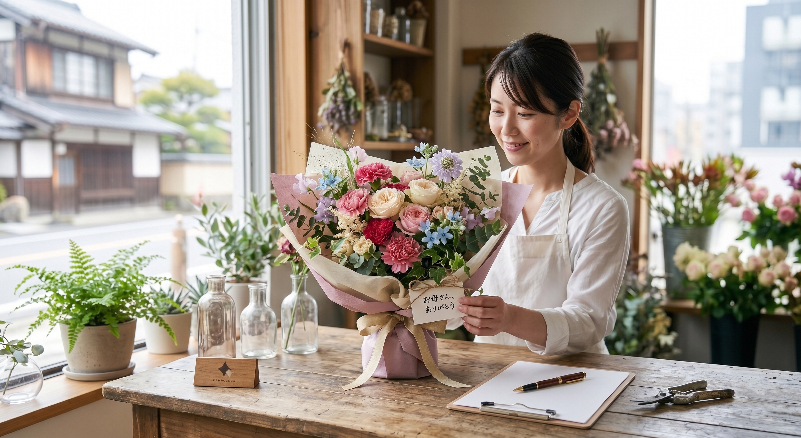 花屋の店内で母の日向けのブーケを用意している様子
