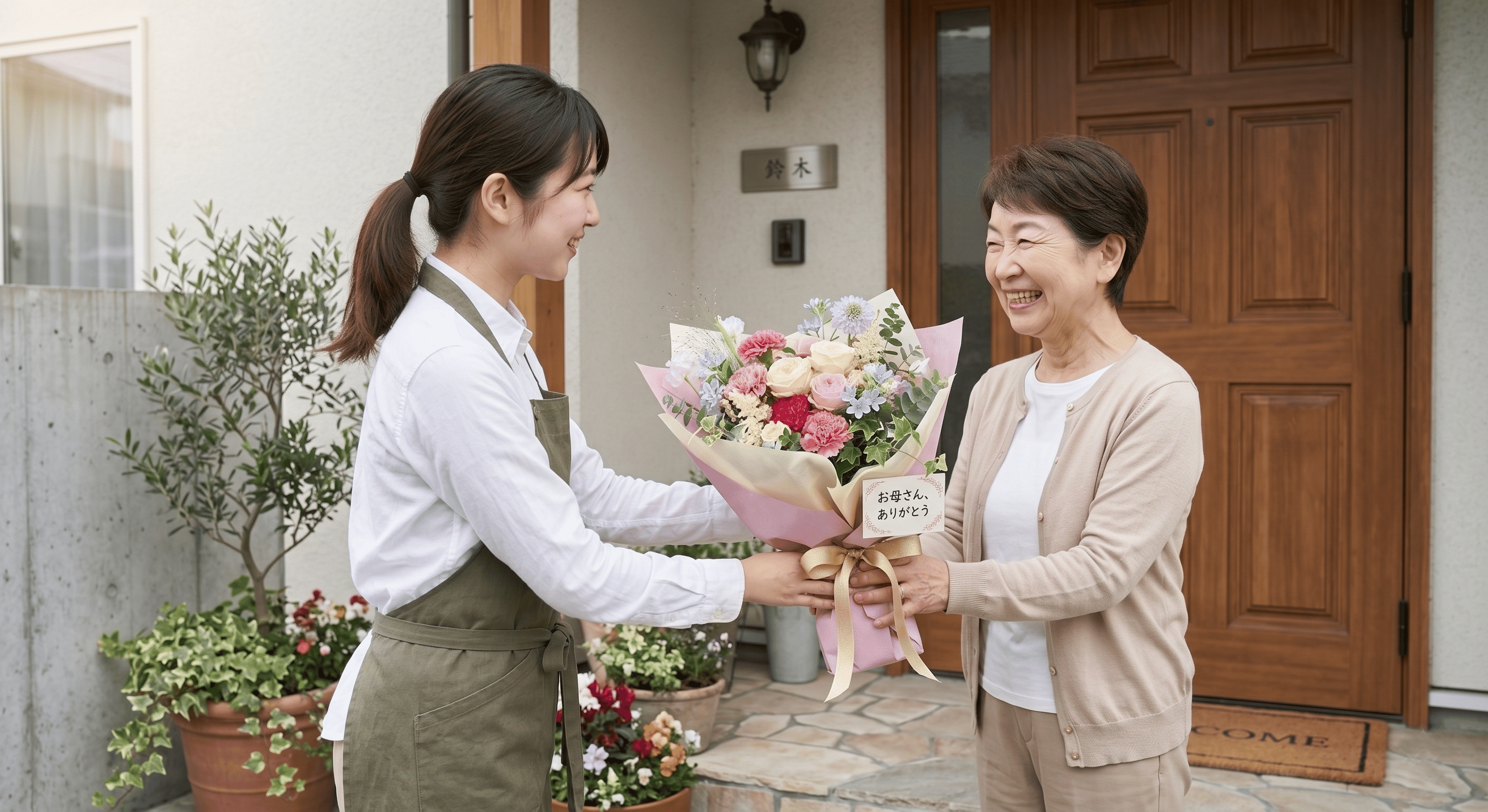 母の日の花束を自宅の玄関先で手渡ししている様子