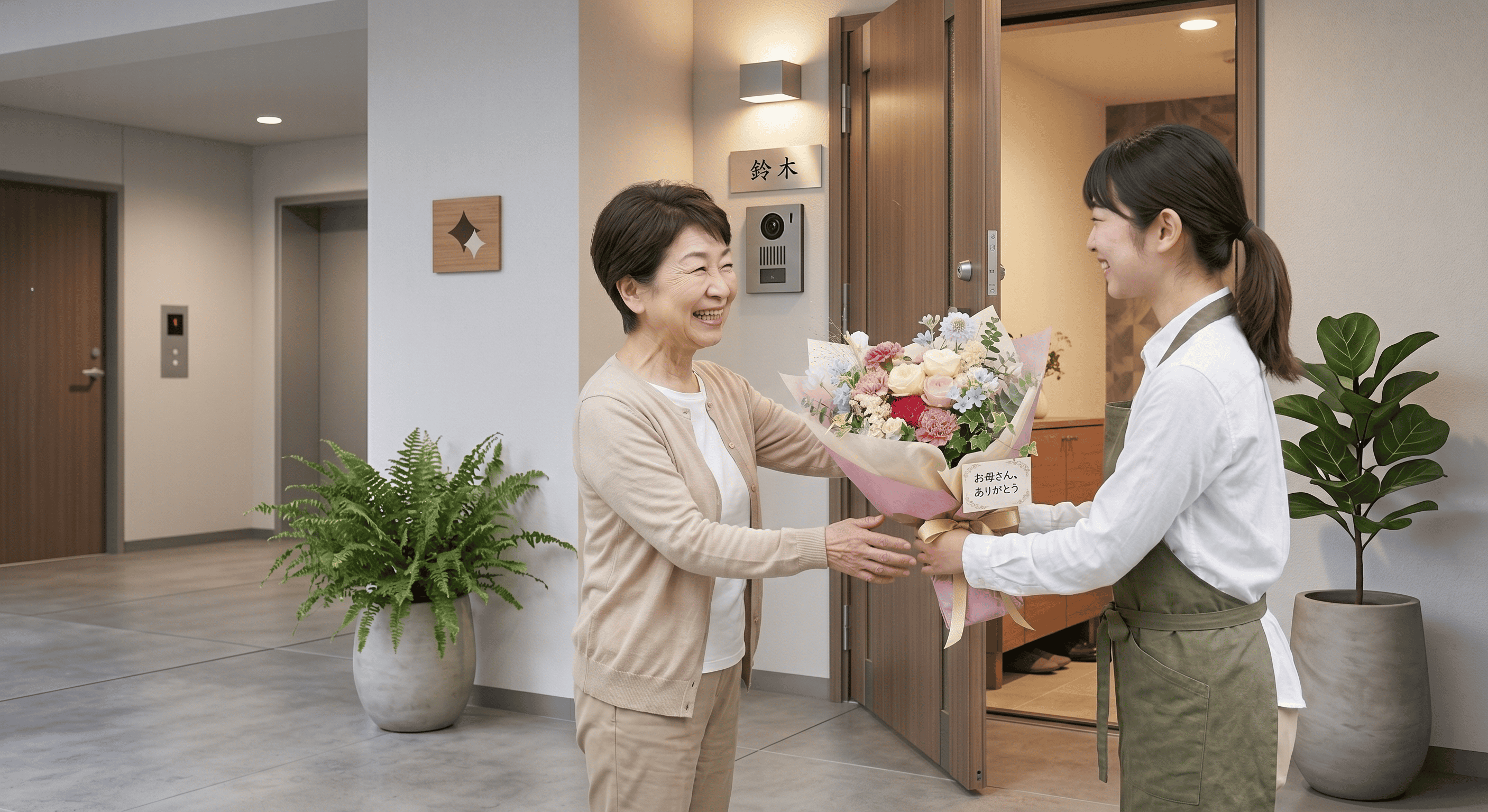 母の日の花束を住まいの入口で手渡ししている様子