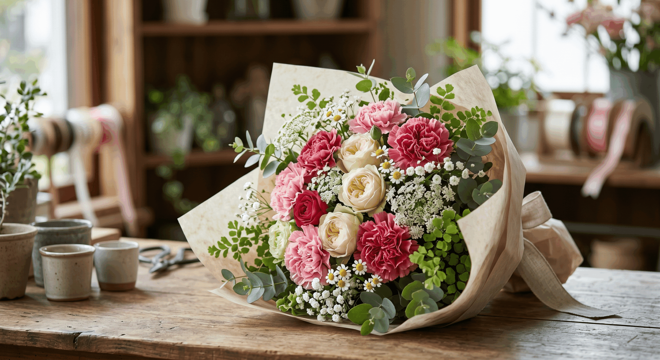 花屋の店内テーブルに置かれた母の日向けのブーケ