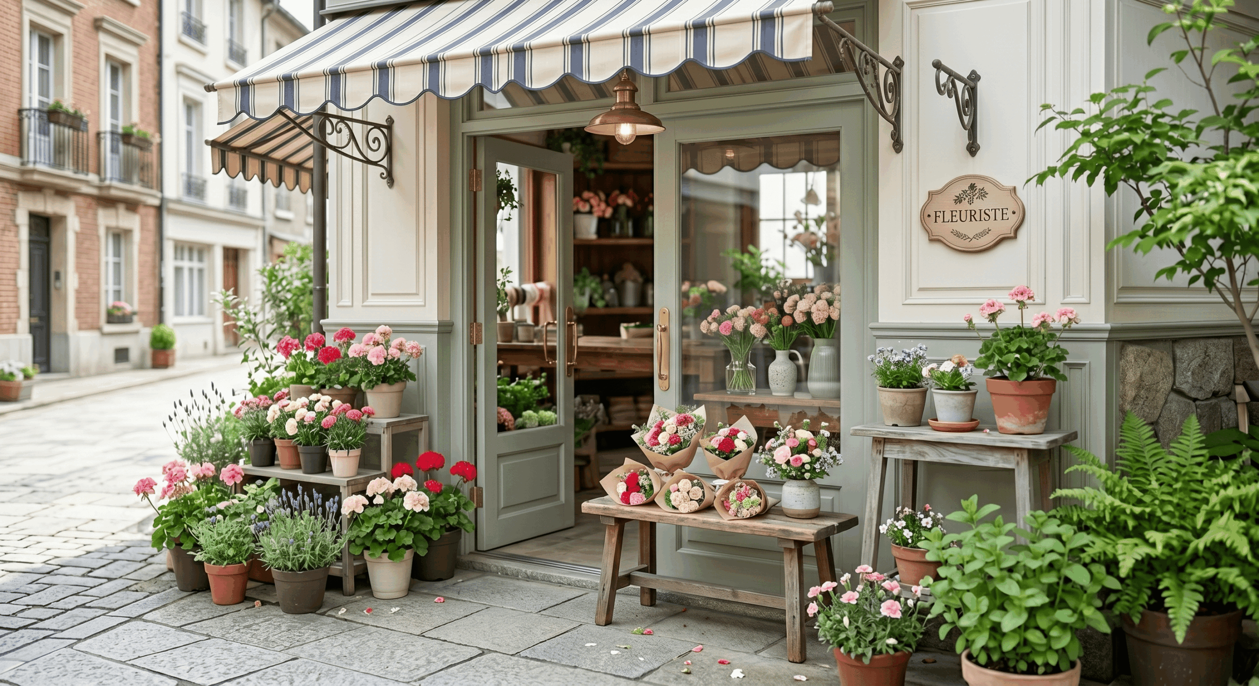 母の日向けの花が並ぶ花屋の外観