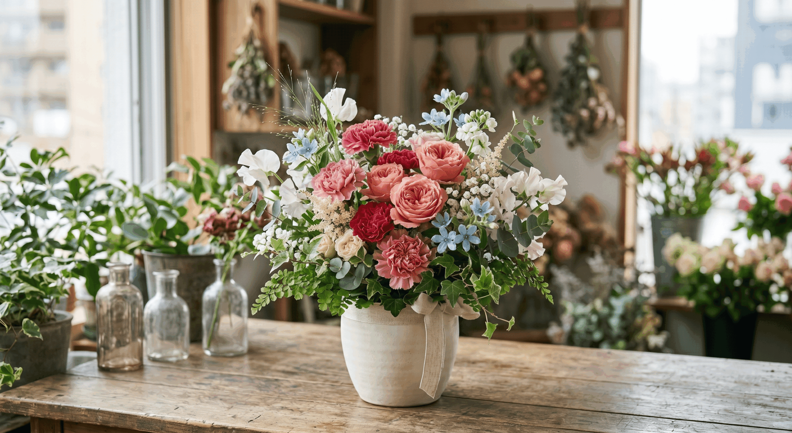 花屋の店内テーブルに置かれた母の日向けのフラワーアレンジ