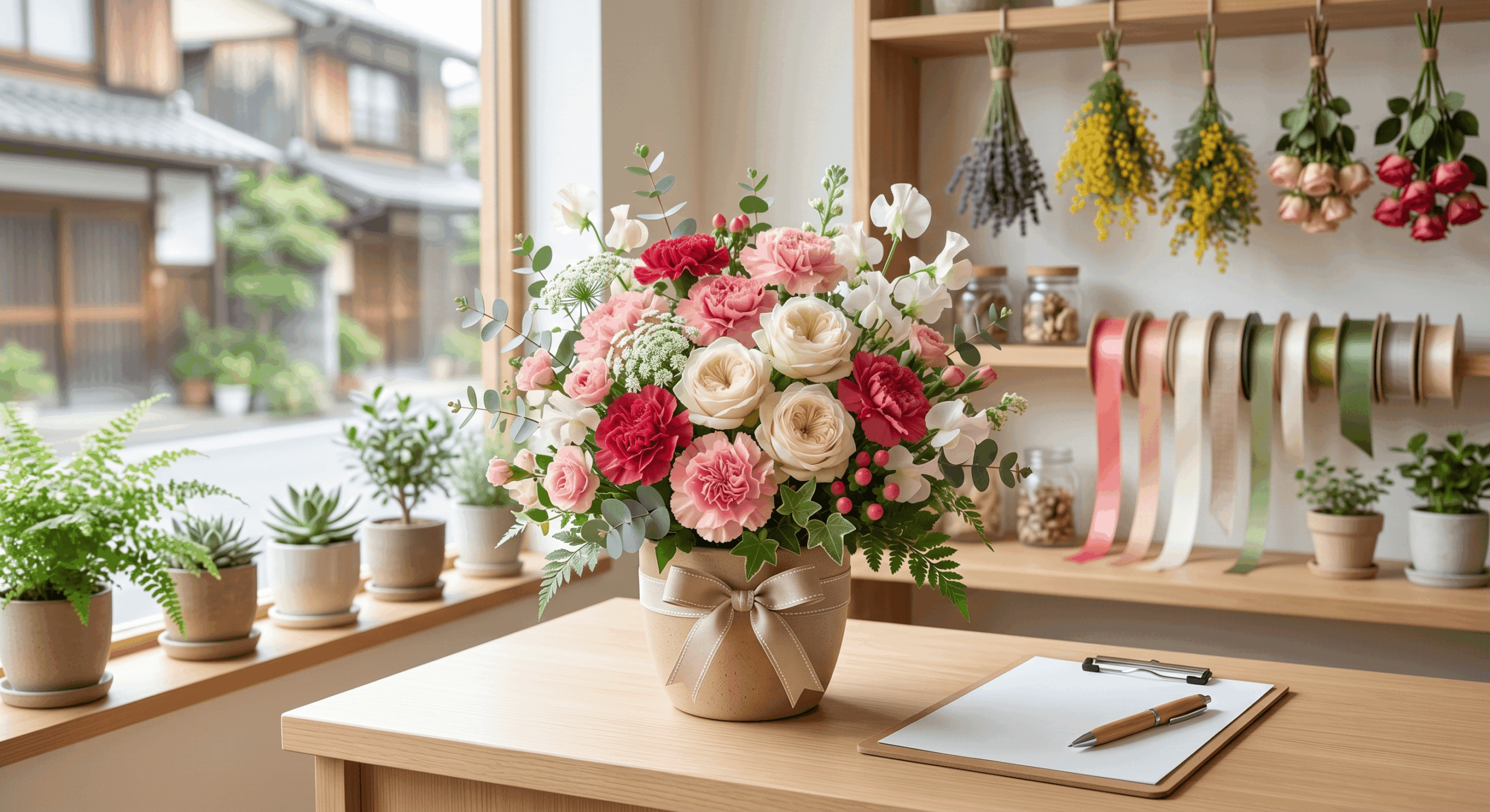 花屋の店内で用意された母の日向けのフラワーアレンジ