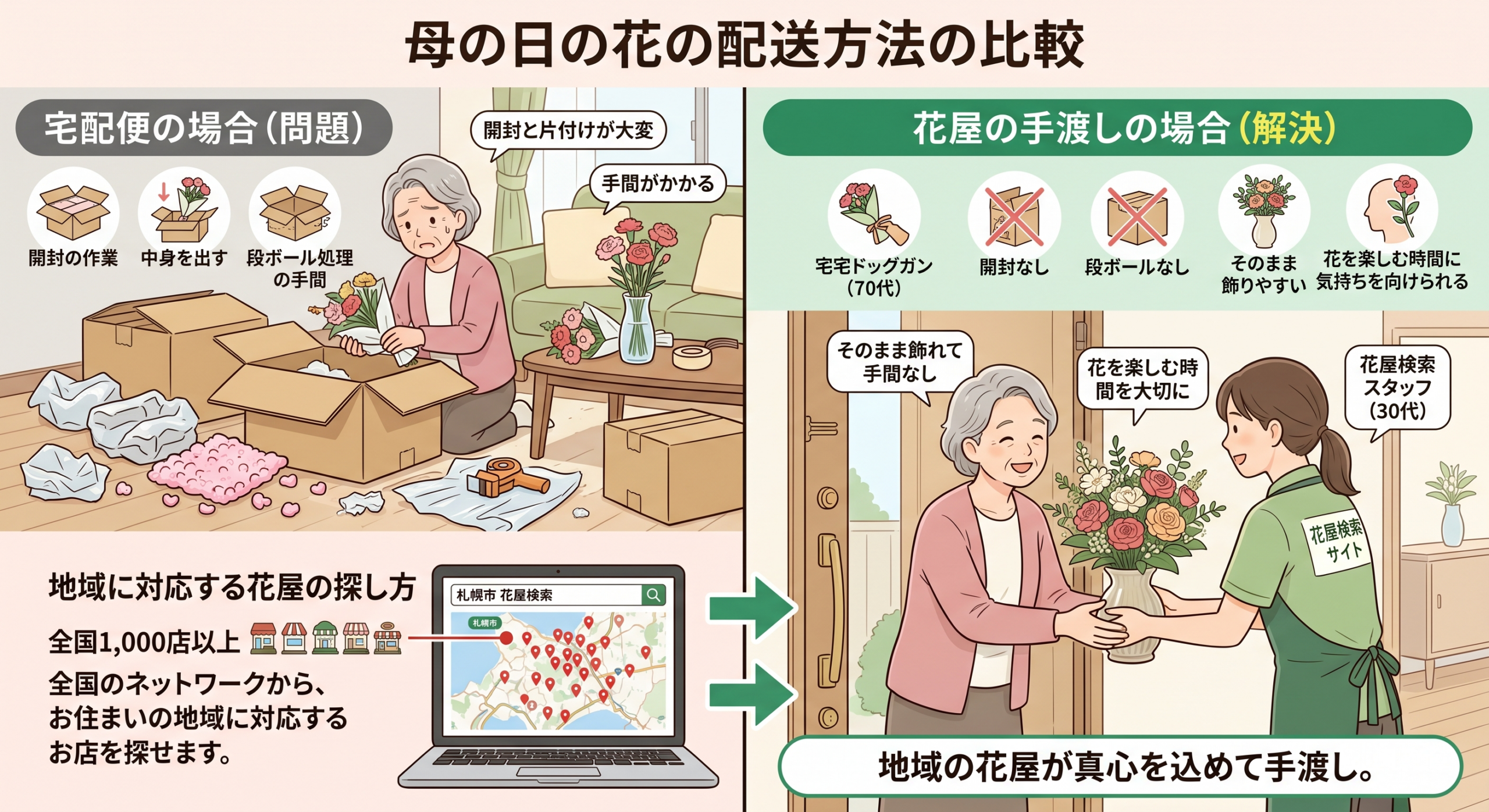 母の日の花で宅配便と花屋の手渡し配送の違いを比較した図