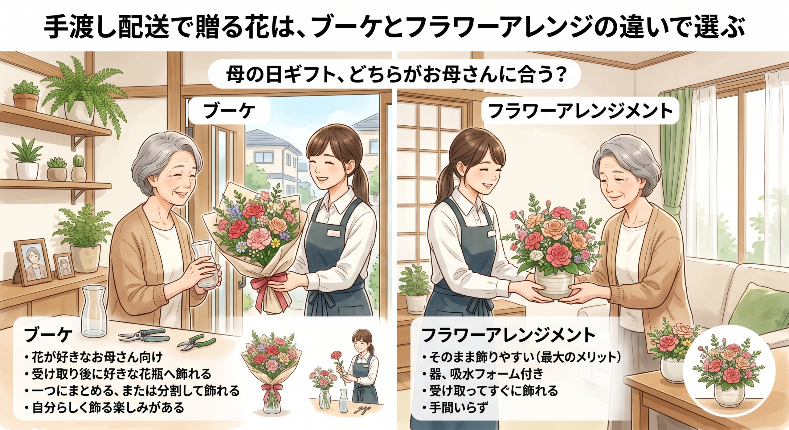 母の日ギフトでブーケとフラワーアレンジの違いを説明する比較図