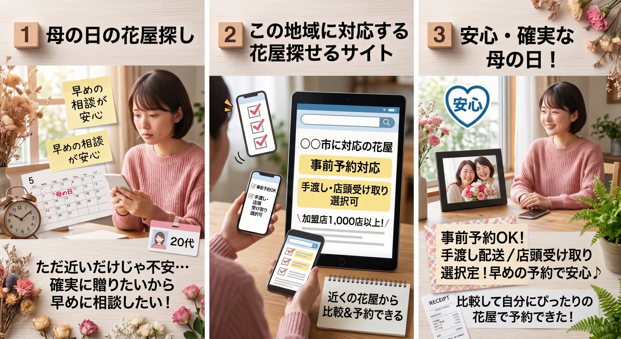 母の日の花屋探しから予約までの流れを3段階で示した図