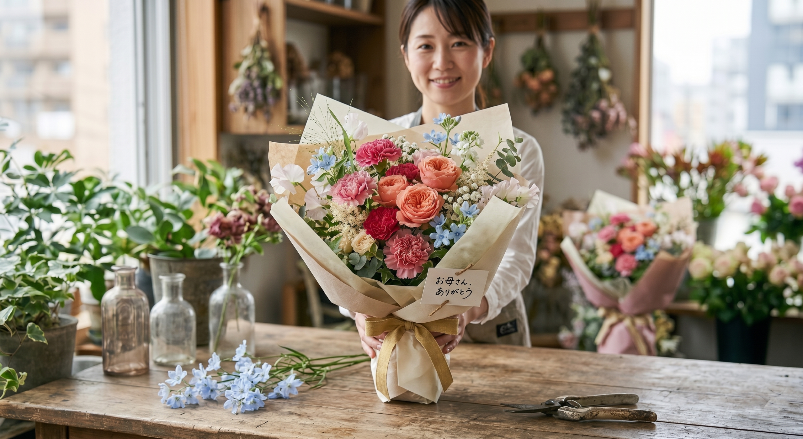 花屋の店内で母の日向けのブーケを持つスタッフ